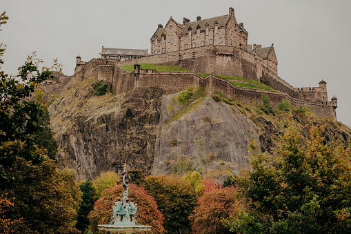 Edinburgh Scotland: 19th Oct 2022: Edinburgh Castle in the City during Autumn taken from a public park on Princes Street