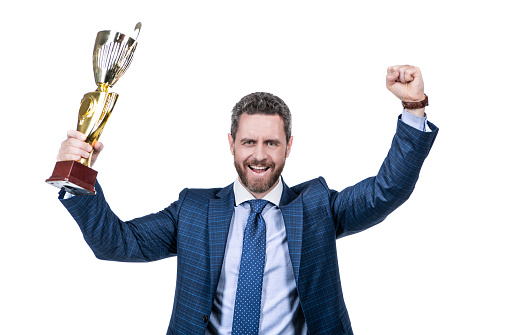 Victory belongs to those that believe in it. Happy businessman celebrate victory. Business achievement award. Winning deal. Get what you deserve.