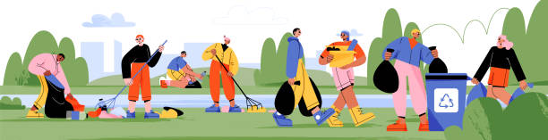 Volunteers collect trash in city park, clean up Volunteers collect trash in city park, people clean up garbage. Characters put litter in recycling bins and sacks, ecology, nature protection and social charity concept, Line art vector illustration environmental cleanup stock illustrations