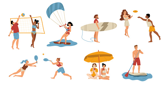 Young people having active rest on beach flat character set isolated on white. Vector illustration of happy men and women playing volleyball, frisbee, tennis, surfing, paddle boarding. Summer vacation