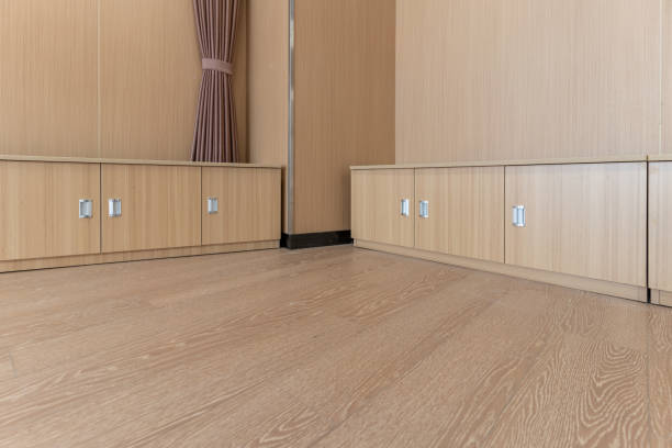 istock Wooden wall and floor and cabinets on the wall 1445761177