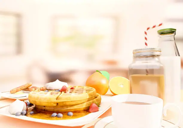 Delicious breakfast, hotcakes, chocolate milkshake, eggs and orange served in the dining room with defocused background and copy space. Gastronomy. 3d illustration.