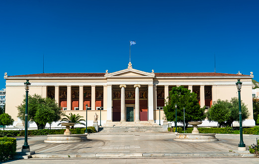 Entrance of academy of athens with the four statues