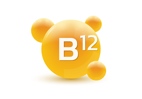 Vitamin B12 3d icon. Circle drop, capsule or pill isolated on white background. Molecule bubbles design. Vector illustration.