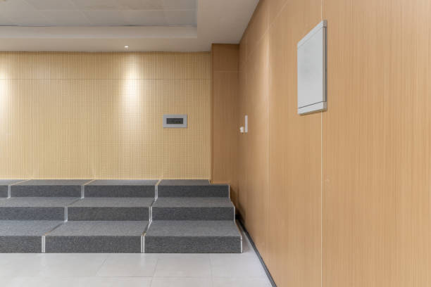 istock Wooden wall and grey carpet step 1445762102