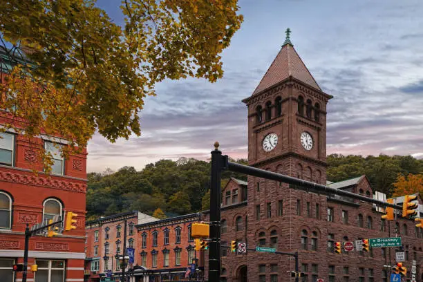 Photo of Autumn view of downtown Jim Thorpe PA with the Carbon County Courthouse building clock tower at right