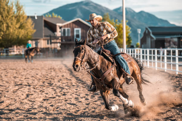 passeio a cavalo de cowboy em uma arena de rodeio - horseback riding cowboy riding recreational pursuit - fotografias e filmes do acervo