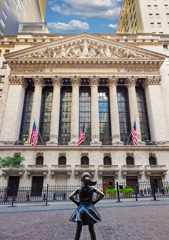 High Resolution Stitched Vertically HDR Image of The New York Stock Exchange (NYSE) with Bronze Statue \