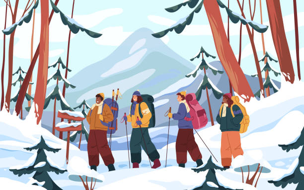 alpinizm zimowy lub wędrówki, widok alpejski, wektor - mountain scape stock illustrations