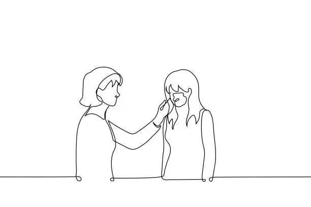 Vector illustration of woman stroking the cheek (head) of a girl with her head down - one line drawing vector. concept to comfort and support someone, console or forgive