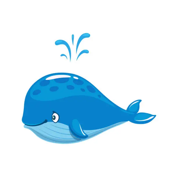 Vector illustration of Cartoon blue whale character with water fountain