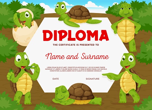 Kids diploma. Cartoon turtles. Tortoise animal characters on kids certificate, kindergarten children education award document vector template with eating, sleeping and newborn turtle personages