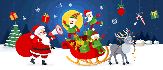Santa Claus And Elves Wishing A Merry Christmas. Santa Claus carrying his sack and talk on megaphone. Christmas Background.