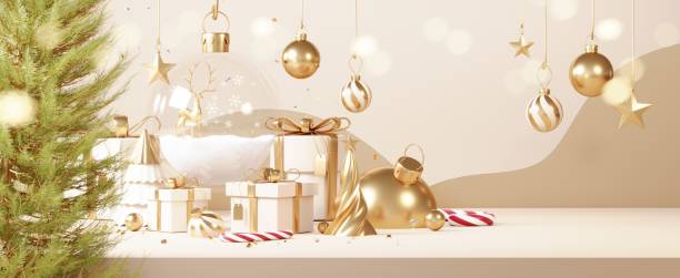 istock Christmas backgrounds with podium stage platform in minimal New year event theme. Merry Christmas scene for product display mock up banner. Empty stand pedestal decor in Xmas winter scene. 3D render. 1445772160