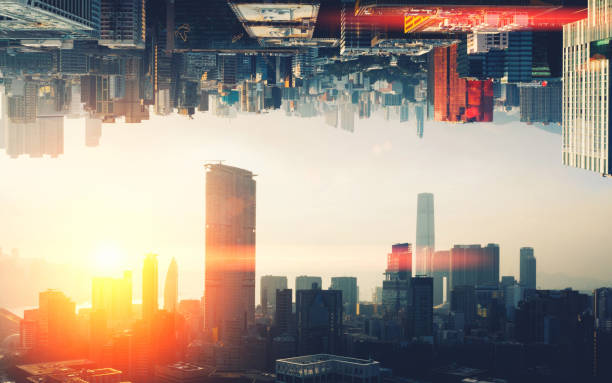 istock Futuristic multiverse world concept. Downtown with skyscrapers skyline under and cityscape over. Two parallel worlds. Alternative reality dimension 1445773207