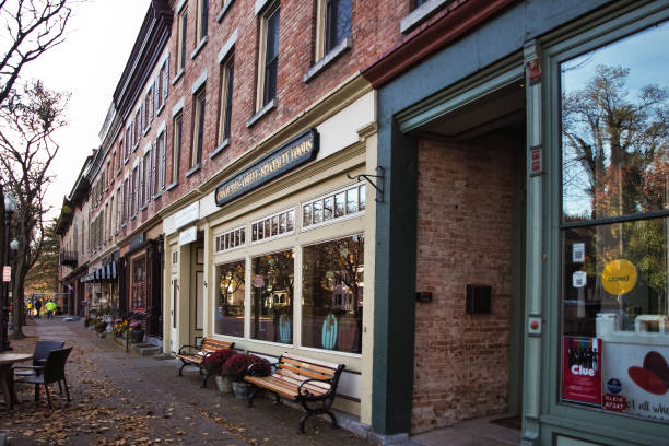 Skaneateles, New York, USA. November 4, 2022. Charming shops and boutiques in the village center of Skaneateles, New York on a quiet autumn morning