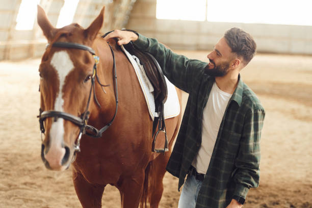 istock Installing the saddle. Young man with a horse is in the hangar 1445775346