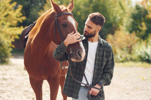 istock Front view. Young man with a horse is outdoors 1445775411