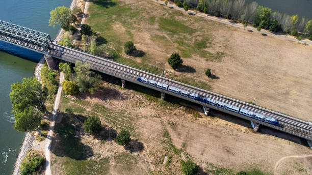 istock Railroad bridge over Rhine river - aerial view 1445775519