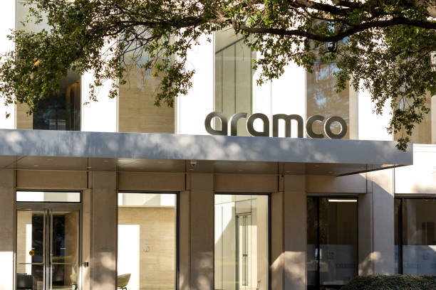 Aramco sign on the building at its office in Houston, Texas, USA. stock photo
