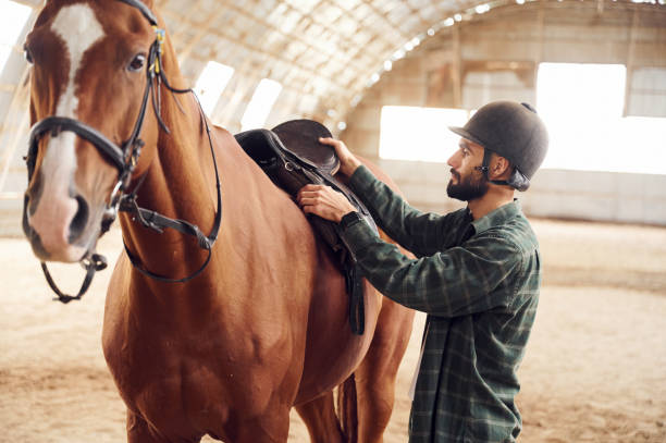 istock Holding and installing saddle. Young man with a horse is in the hangar 1445775909