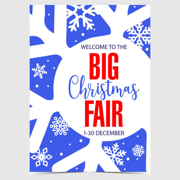 Big Christmas Fair promotion banner. Big Christmas Fair promotion banner. Vector poster for Christmas market or bazaar with big white snowflake on blue background and red text. Invitation to December Fair to celebrate winter holidays. tivoli bazaar stock illustrations