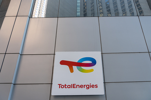 Houston, TX, USA - February 27, 2022: TotalEnergies office building in Houston, Texas, USA. TotalEnergies SE is a French multinational integrated oil and gas company.