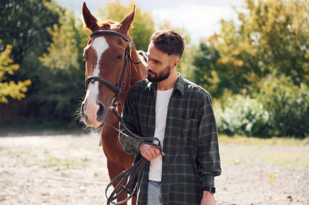 istock Front view. Young man with a horse is outdoors 1445776126