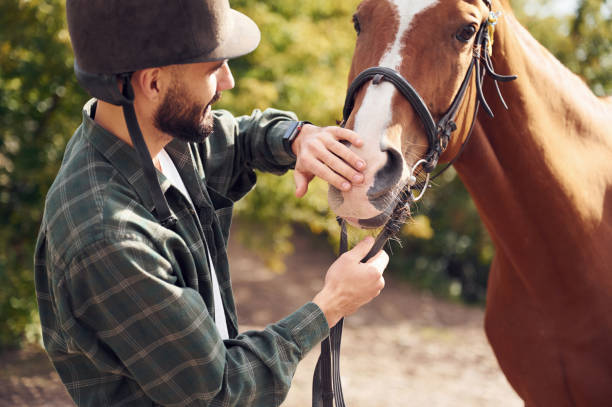 istock Young man with a horse is outdoors 1445776792