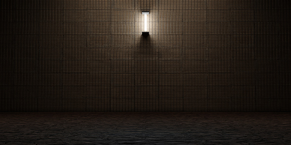 Brick wall background and brick floor Empty scene with lights at night 3D illustration