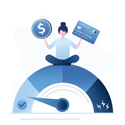 Credit gauge at good rating. Woman customer hold dollar coin and plastic card. Reliable borrower. Good credit score for credit cards. Girl with excellent personal financial plan. Vector illustration