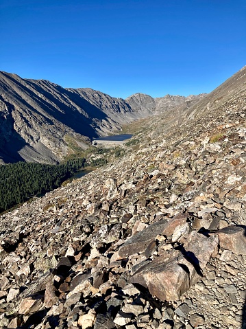 A view of Blue Lakes in the Tenmile Range in Colorado from the trail on Quandary Peak