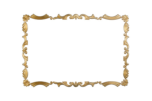 Sculpted golden frame isolated on white background, thin decorations , rectangular frame