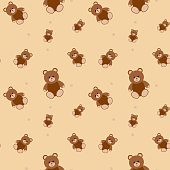 istock Pattern with vector teddy bear in beige color. Holiday concept. Seamless pattern. Colorful background. Card. Vector drawing. Set of retro vector illustrations. Cartoon style. 1445785496