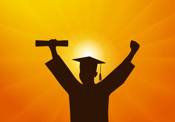 istock Graduate student in mantle and mortarboard with certificate on background of sunset. Graduation. Vector illustration 1445788357