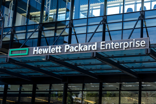 Houston, Texas, USA - March 2, 2022: Hewlett Packard Enterprise office building in Houston, Texas, USA. Hewlett Packard is an American multinational enterprise information technology company.