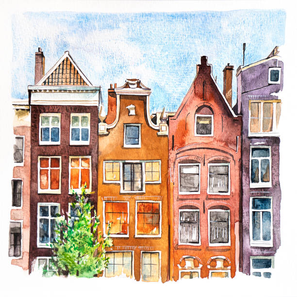 illustrations, cliparts, dessins animés et icônes de aquarelle de maisons dansantes d’amsterdam au-dessus de la rivière amstel - amstel river illustrations