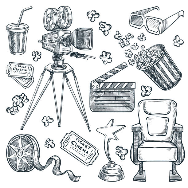 Movie and cinema theater hand drawn vector sketch illustration. Video and film production doodle design elements Movie and cinema theater hand drawn vector sketch illustration. Multimedia maker equipment isolated on white background. Video and film production doodle design elements cinematography stock illustrations