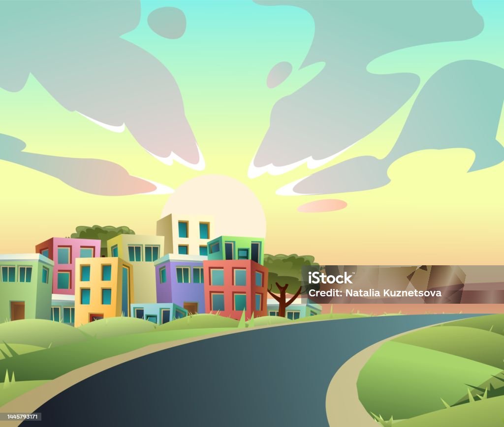 Ilustración de Carretera Cerca De Pequeño Pueblo Acogedor Amanecer De Verano Y Rayos Viviendas Y Oficinas Estilo Divertido De Dibujos Animados Diseño Plano Vector y más Vectores Libres de Derechos de Acogedor - Ilustración de Carretera Cerca De Pequeño Pueblo Acogedor Amanecer De Verano Y Rayos Viviendas Y Oficinas Estilo Divertido De Dibujos Animados Diseño Plano Vector y más Vectores Libres de Derechos de Acogedor -