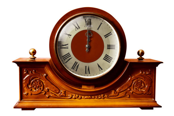 istock Vintage beautiful wooden clock isolated on white background 1445795336