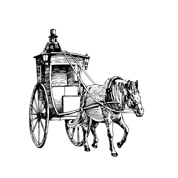 Vector illustration of A vintage London cab. Horse-drawn carriage.