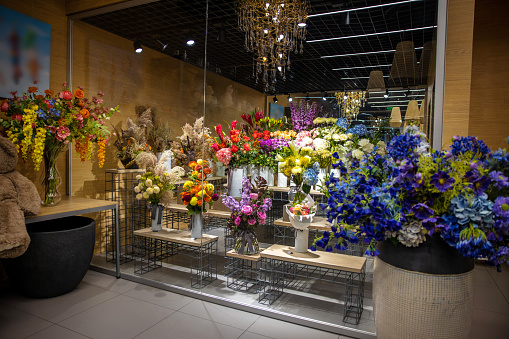 Floristic shop. Beautiful flower shop with many flowers and plants