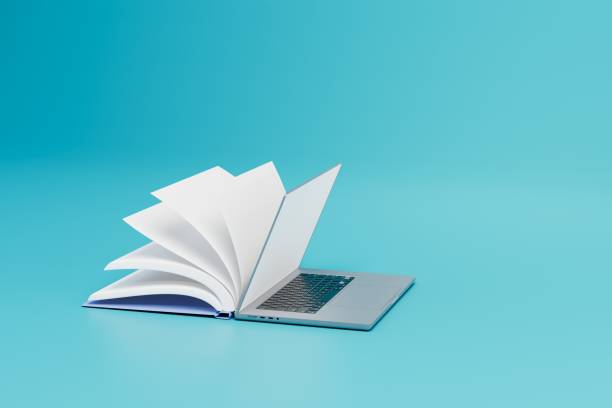 istock the concept of online learning. an open book with a laptop on a turquoise background. 3D render 1445800338