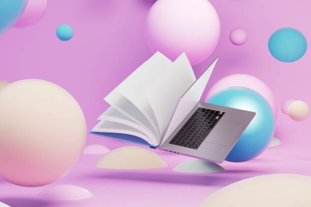 istock distance learning. an open book with a laptop on an abstract background with multi-colored spheres. 3D render 1445800404