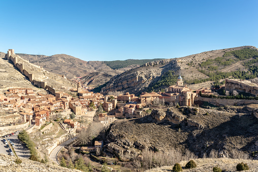 Panoramic view of medieval, battlement village. Albarracín, Spain,