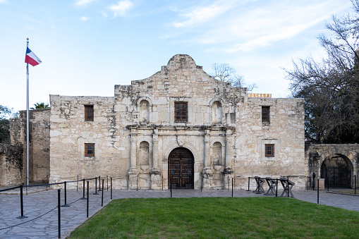 San Antonio, TX, USA - March 17, 2022: Alamo in San Antonio, TX, USA. Alamo is a historic Spanish mission and fortress compound, a museum in the Alamo Plaza Historic District.