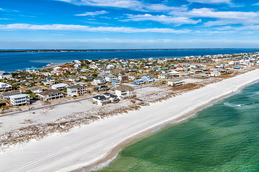 Beautiful homes along the Gulf Coast beach at Pensacola Beach, Florida shot from an altitude of about 600 feet over the Gulf of Mexico.