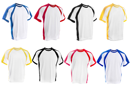 Collection of different White T-shirt with color inserts isolated on white background