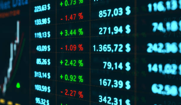 Business and stock exchange data on the screen. Monitor with information, percenateg signs, numbers, stock prices, charts and changes. Trading screen, investment, financial figures and market data. 3D illustration stock market and exchange photos stock pictures, royalty-free photos & images