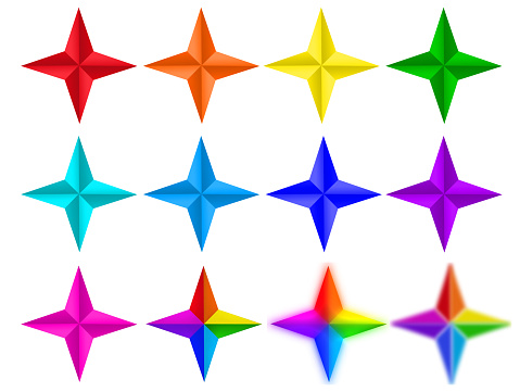 star, rays, guiding light, light in darkness, chosen path, cross, order, luck in career, emblem, four-pointed, red, orange, yellow, green, turquoise, blue, purple, lilac, rainbow, multicolored, twelve, faces, angles, sides,